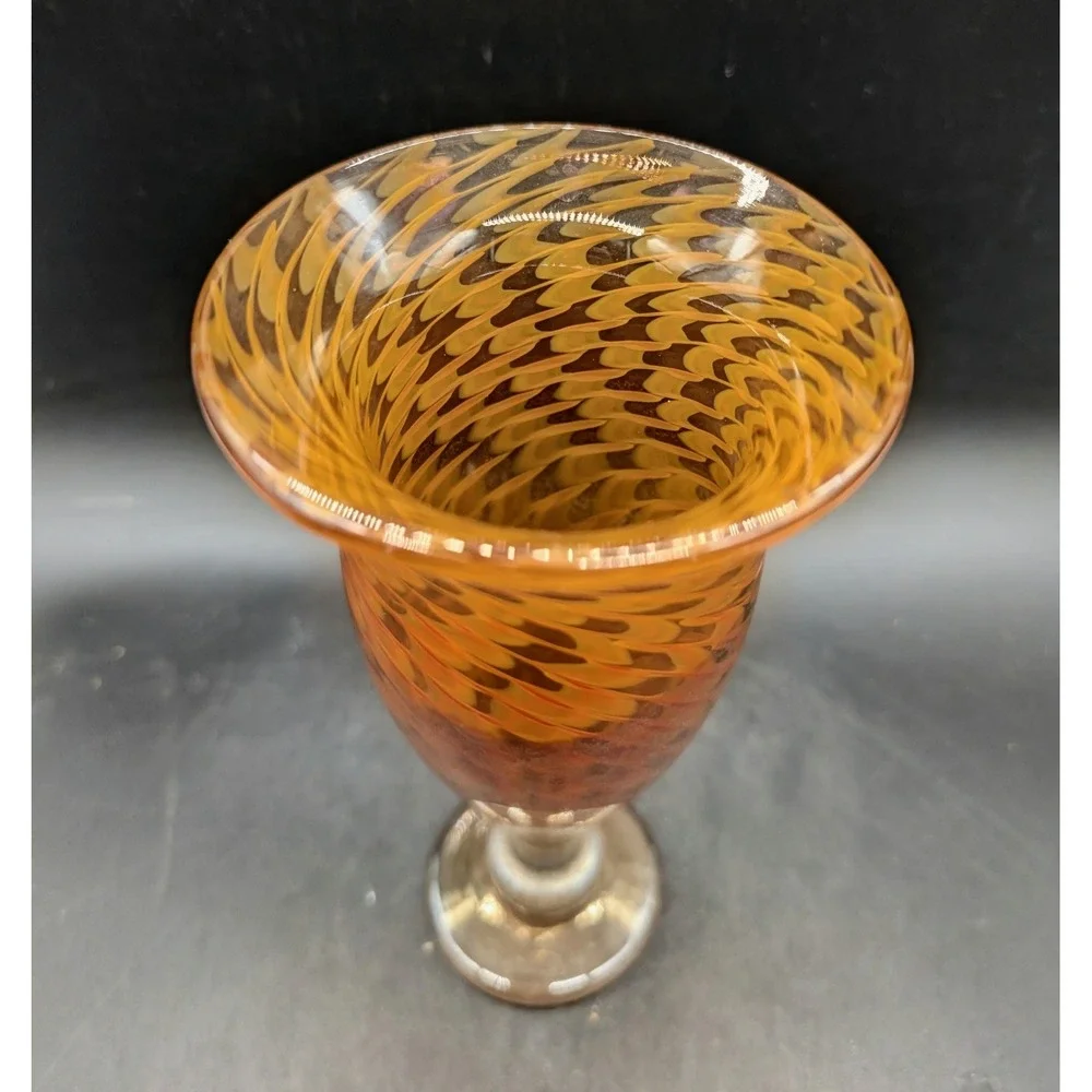 Artisan Hand Blown Amber Orange Swirl Art Glass Trumpet Vase Iridescent Signed